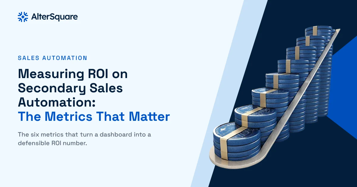 A rising stack of ledger coins forming an upward bar, encoding measurable return on secondary sales automation